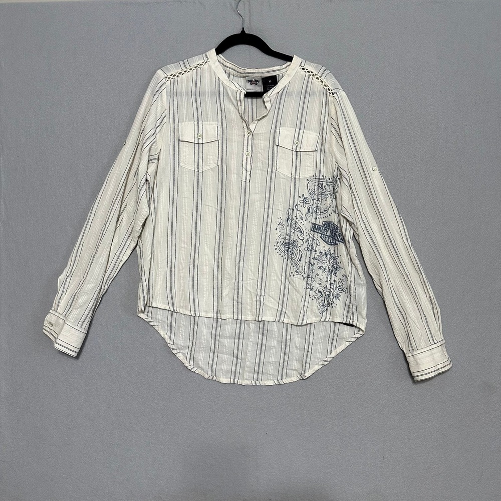 Harley-Davidson Womens XL Striped Paisley Graphic Lace Trim Roll Tab Shirt Cream